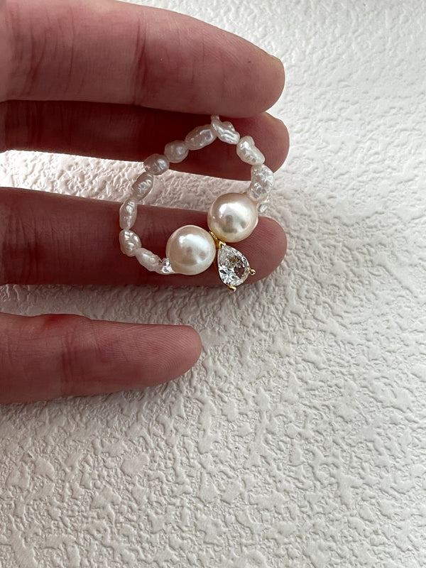 Exquisite Adjustable Saltwater AKOYA Pearl Diamond Ring Elegant Jewelry