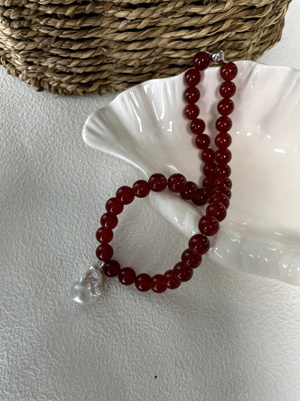 Elegant Red Agate and Classic Baroque Pearl Necklace Timeless Accessory